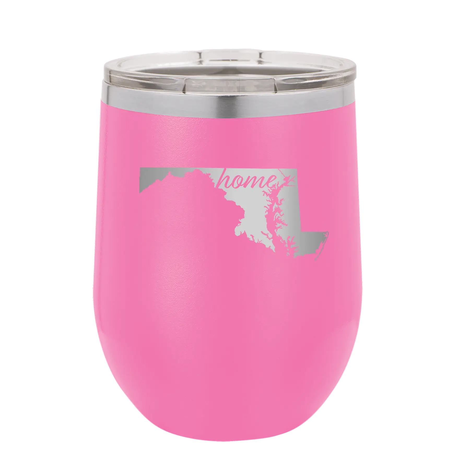 Laser etched pink 12 oz vacuum insulated wine cup with 'Maryland Home' design