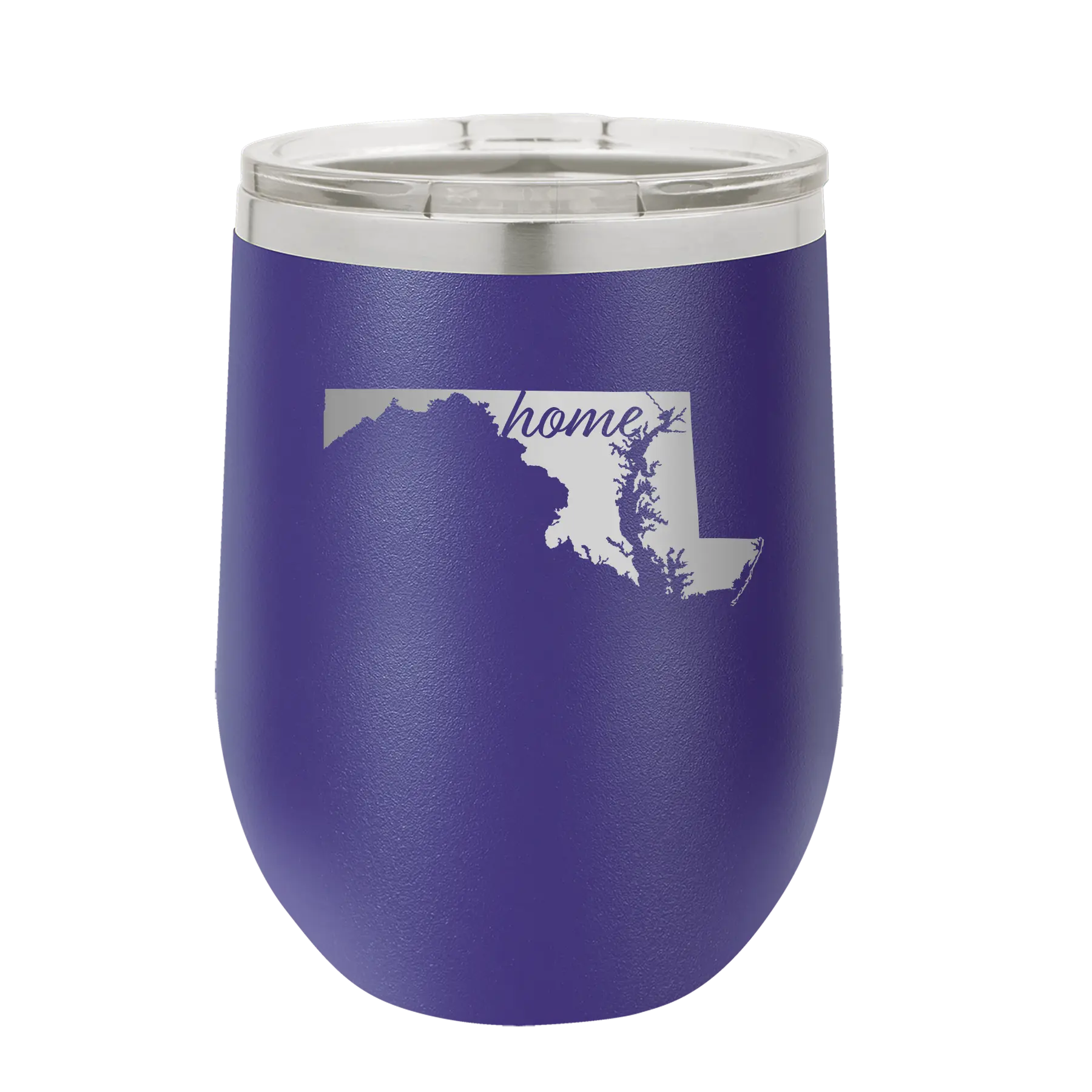 Laser etched purple 12 oz vacuum insulated wine cup with 'Maryland Home' design