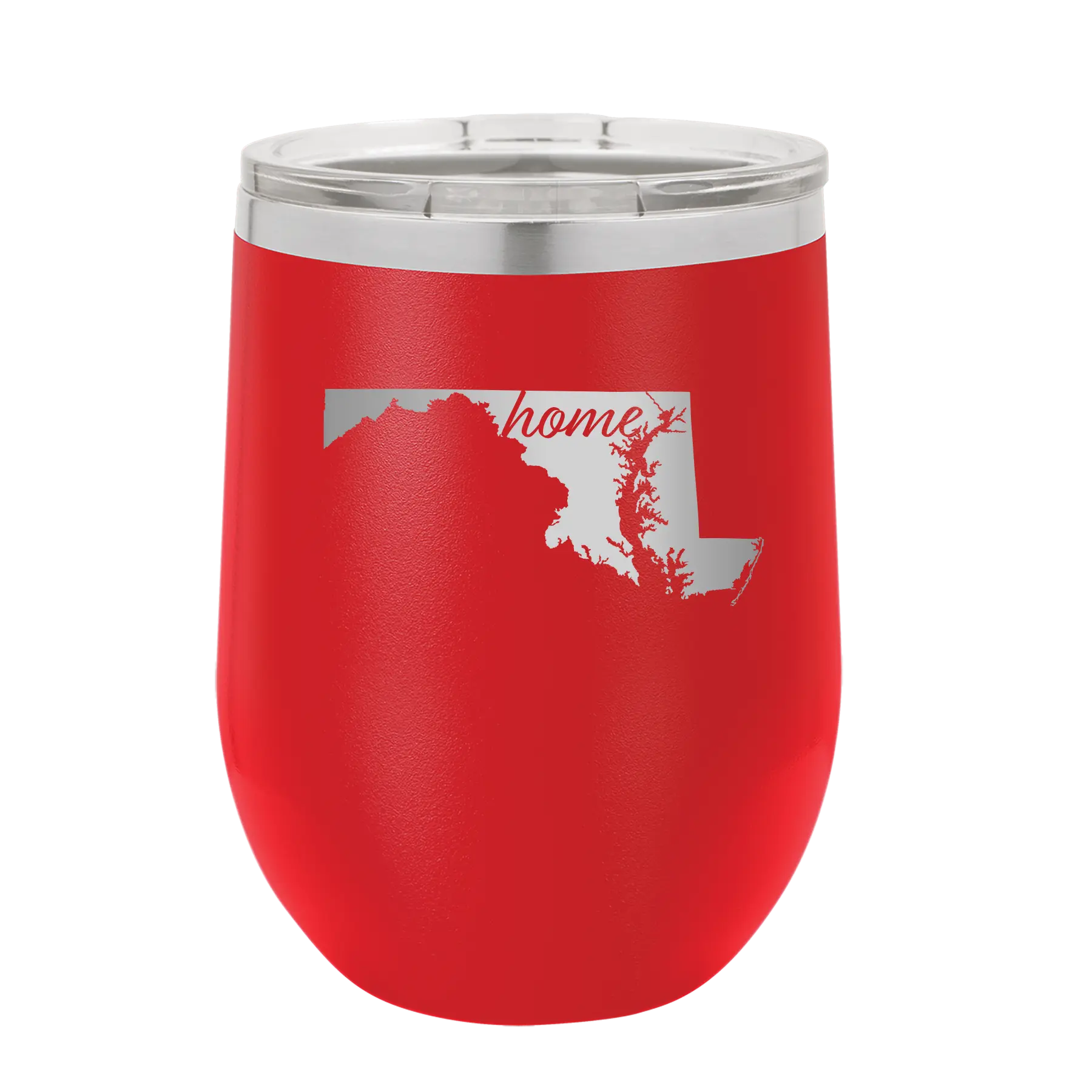 Laser etched red 12 oz vacuum insulated wine cup with 'Maryland Home' design
