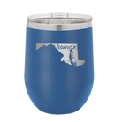 Laser etched royal blue 12 oz vacuum insulated wine cup with 'Maryland Home' design