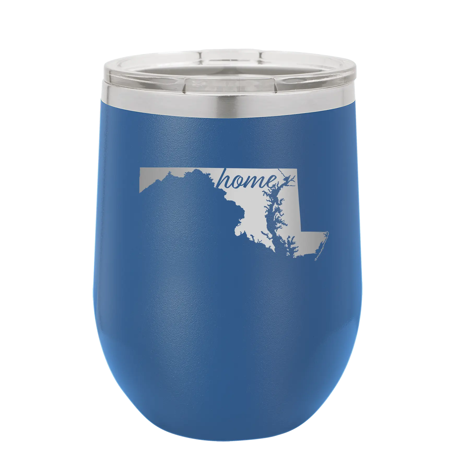 Laser etched royal blue 12 oz vacuum insulated wine cup with 'Maryland Home' design