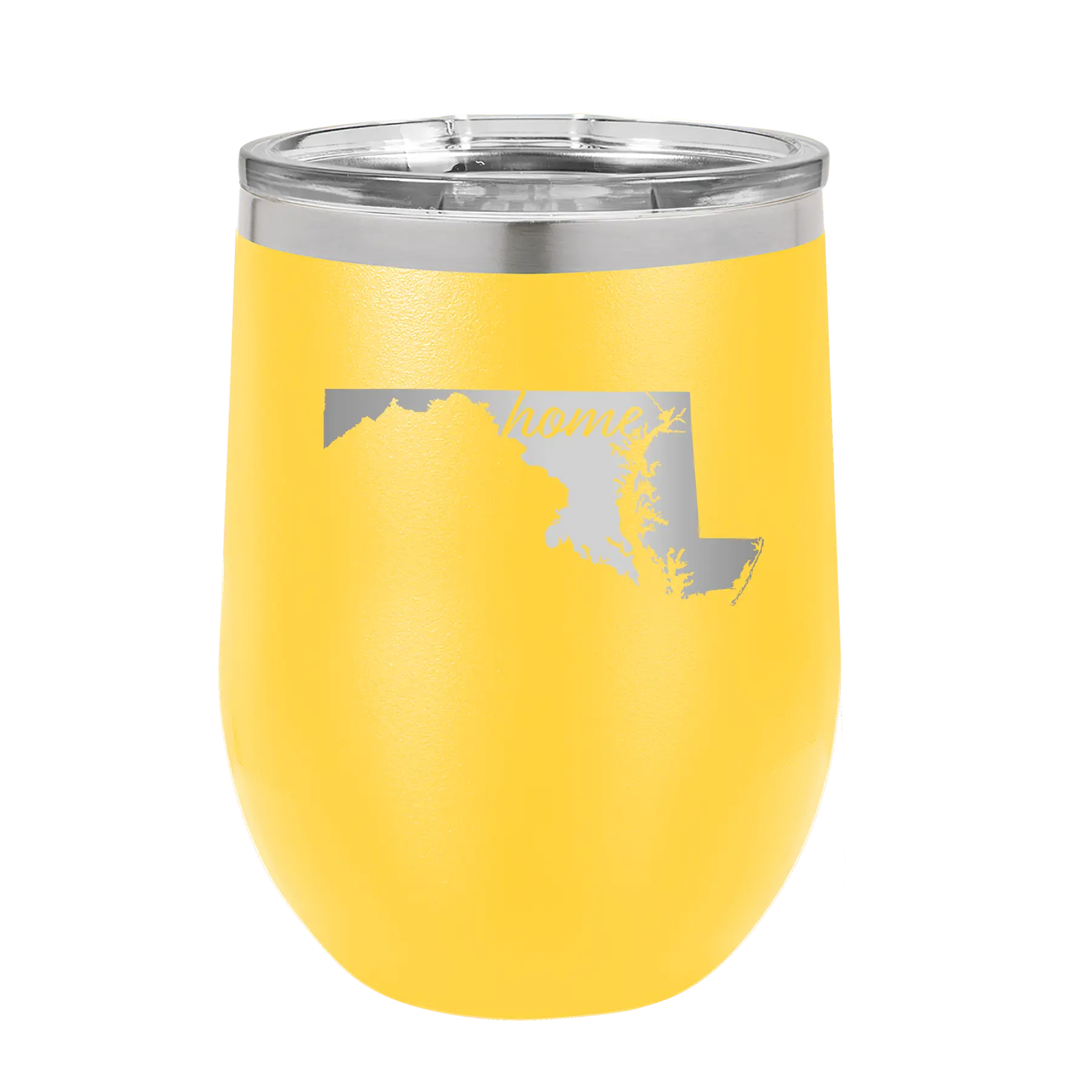 Laser etched yellow 12 oz vacuum insulated wine cup with 'Maryland Home' design