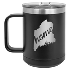 Laser etched black 15 oz vacuum insulated coffee mug with 'Maine Home' design