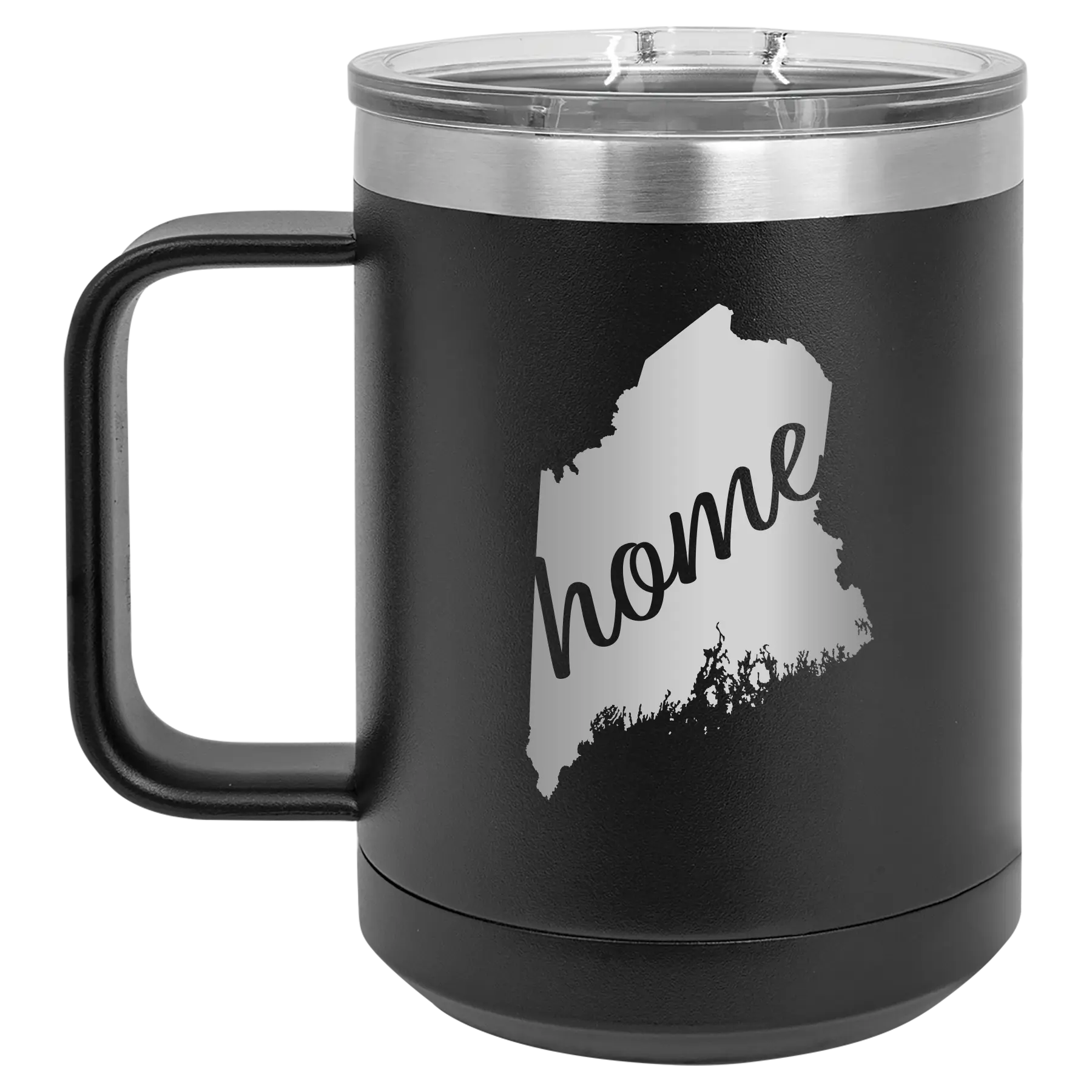 Laser etched black 15 oz vacuum insulated coffee mug with 'Maine Home' design