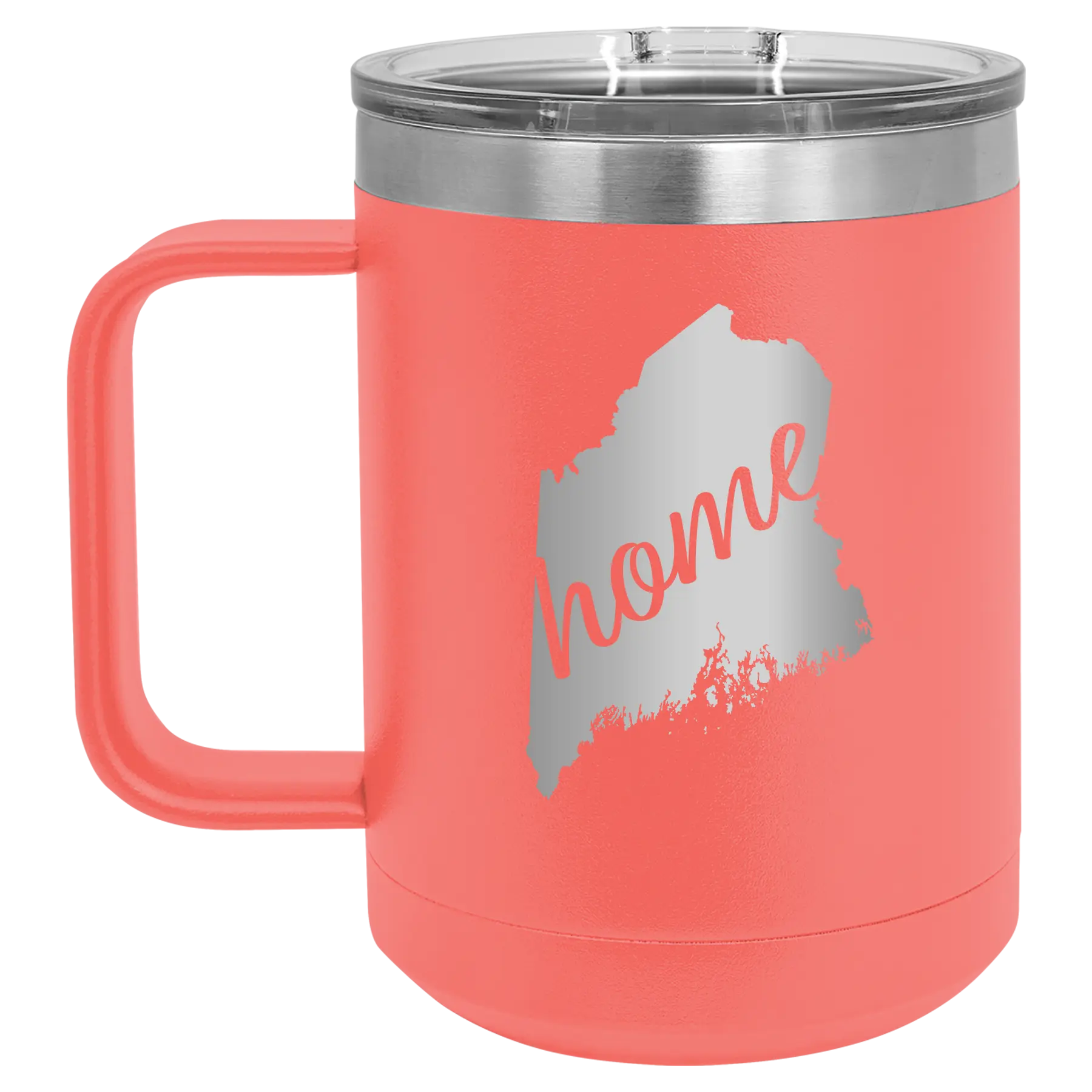 Laser etched coral 15 oz vacuum insulated coffee mug with 'Maine Home' design