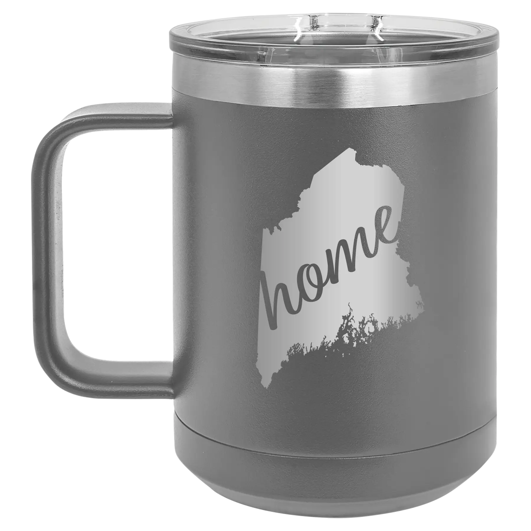 Laser etched dark gray 15 oz vacuum insulated coffee mug with 'Maine Home' design