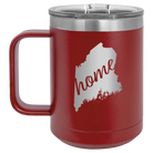 Laser etched maroon 15 oz vacuum insulated coffee mug with 'Maine Home' design