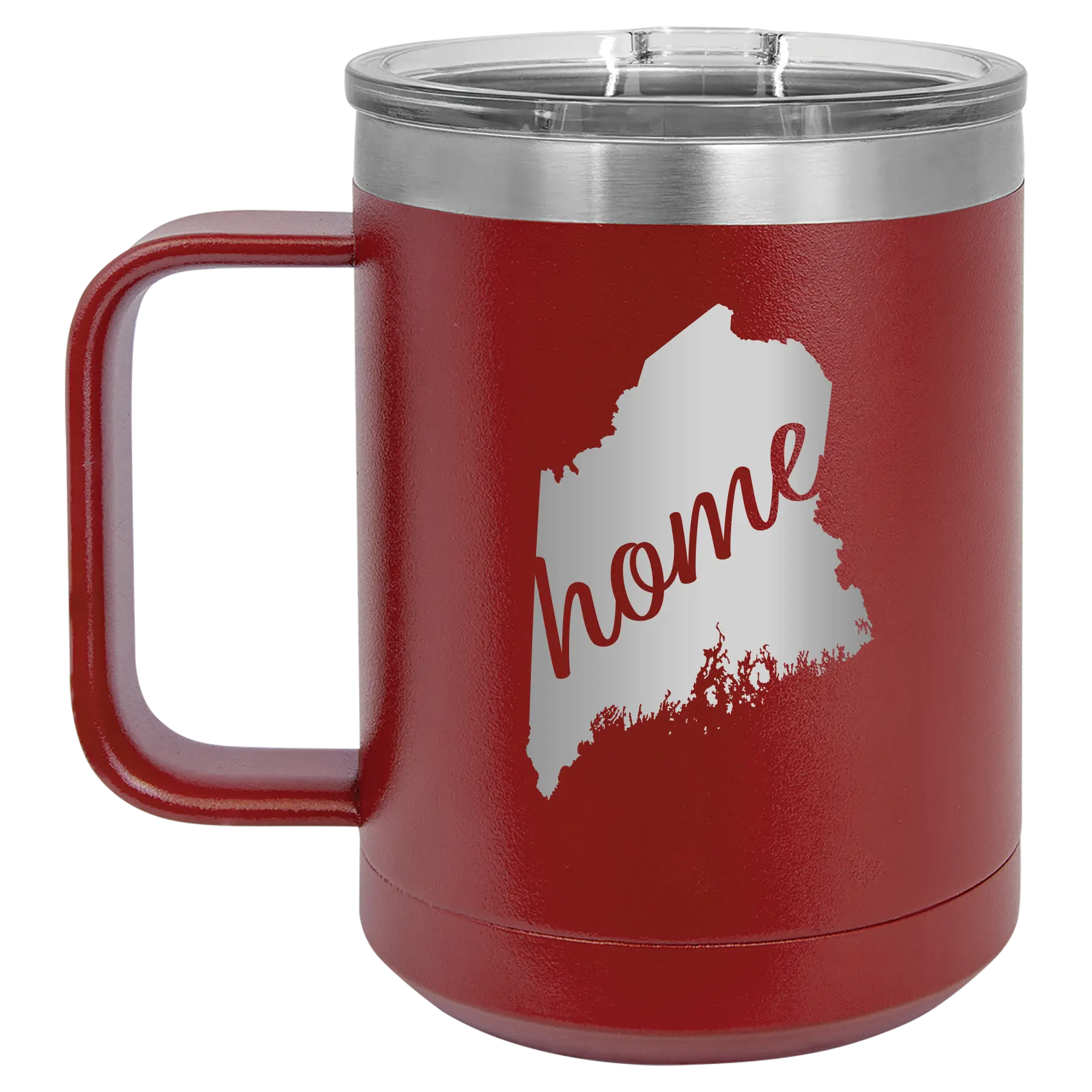 Laser etched maroon 15 oz vacuum insulated coffee mug with 'Maine Home' design