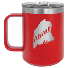 Laser etched red 15 oz vacuum insulated coffee mug with 'Maine Home' design