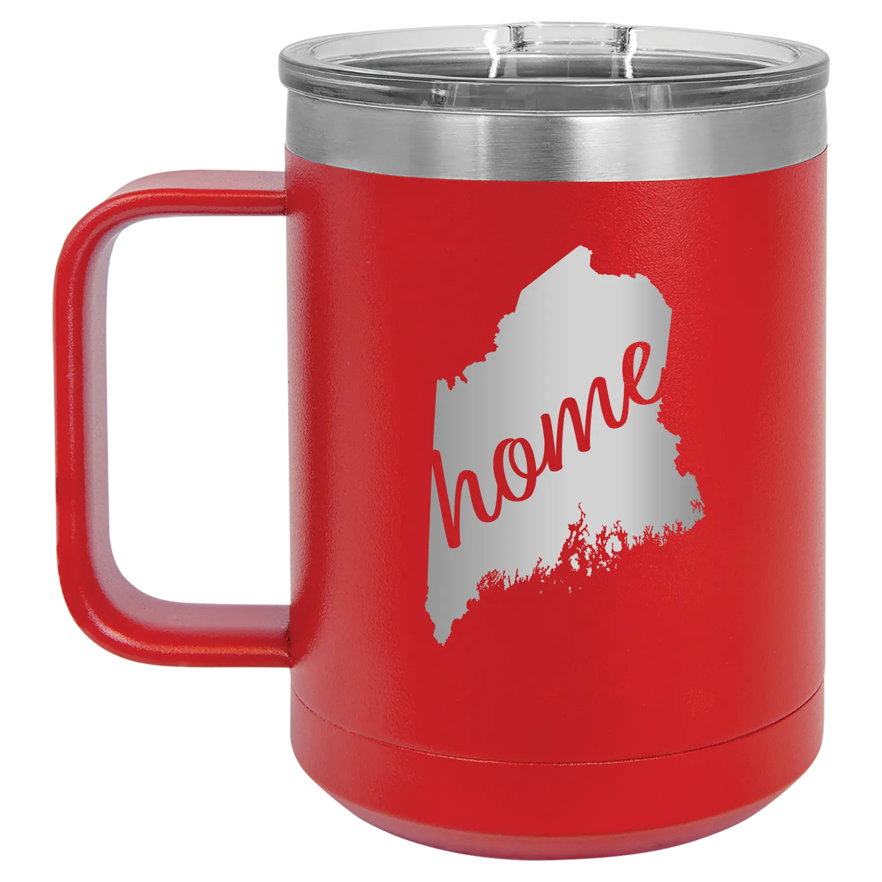 Laser etched red 15 oz vacuum insulated coffee mug with 'Maine Home' design