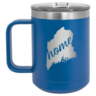 Laser etched royal blue 15 oz vacuum insulated coffee mug with 'Maine Home' design
