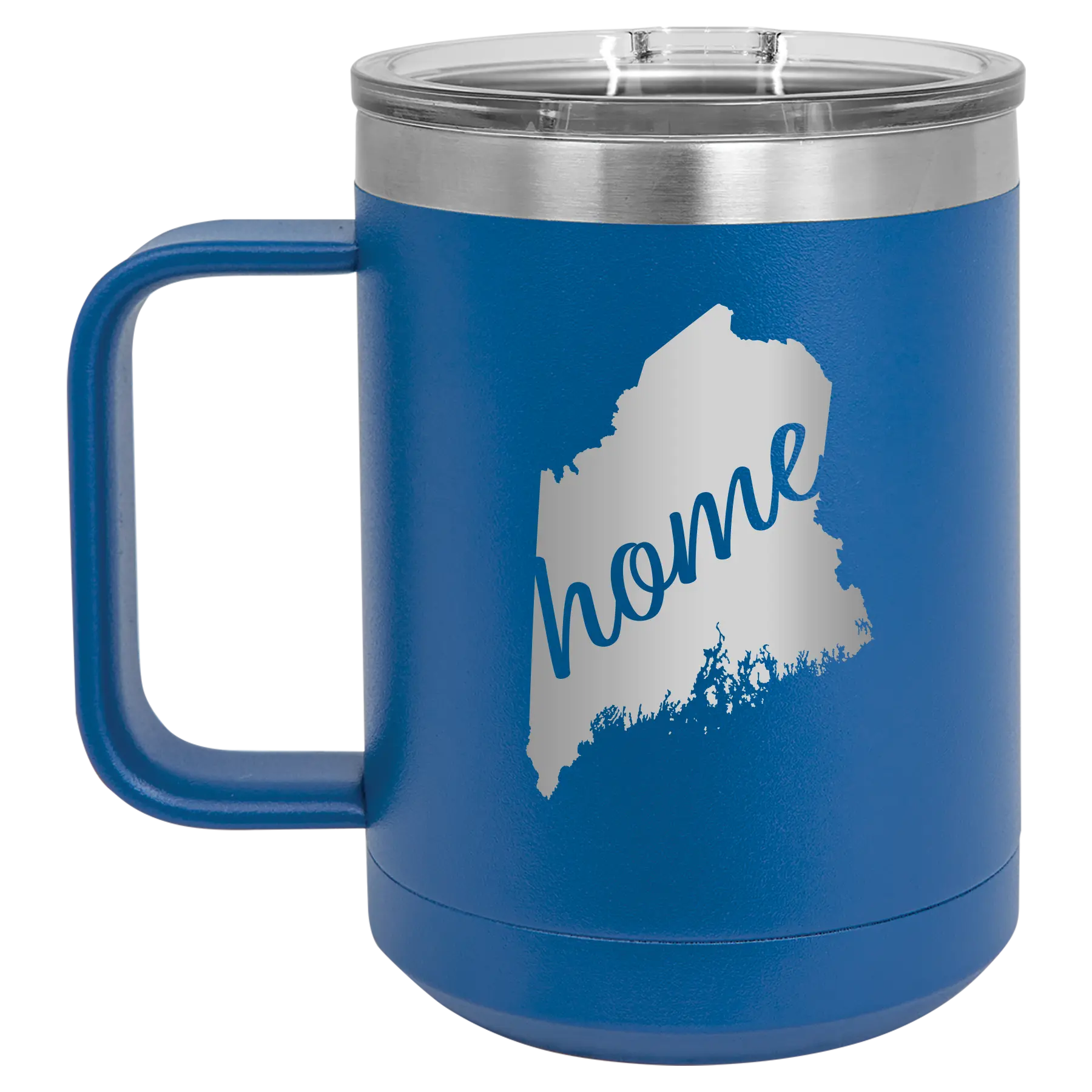 Laser etched royal blue 15 oz vacuum insulated coffee mug with 'Maine Home' design