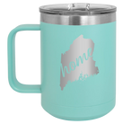 Laser etched teal 15 oz vacuum insulated coffee mug with 'Maine Home' design