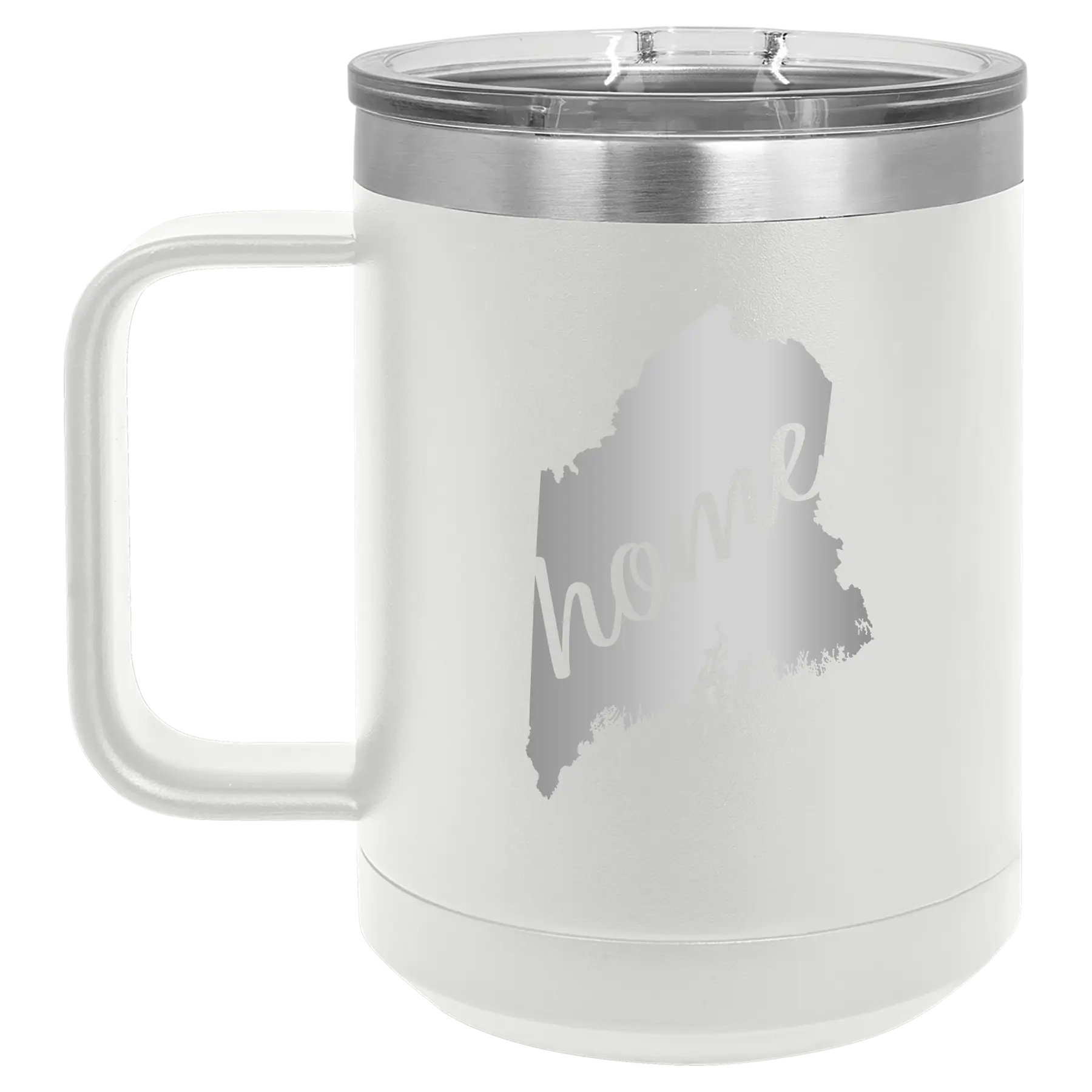 Laser etched white 15 oz vacuum insulated coffee mug with 'Maine Home' design