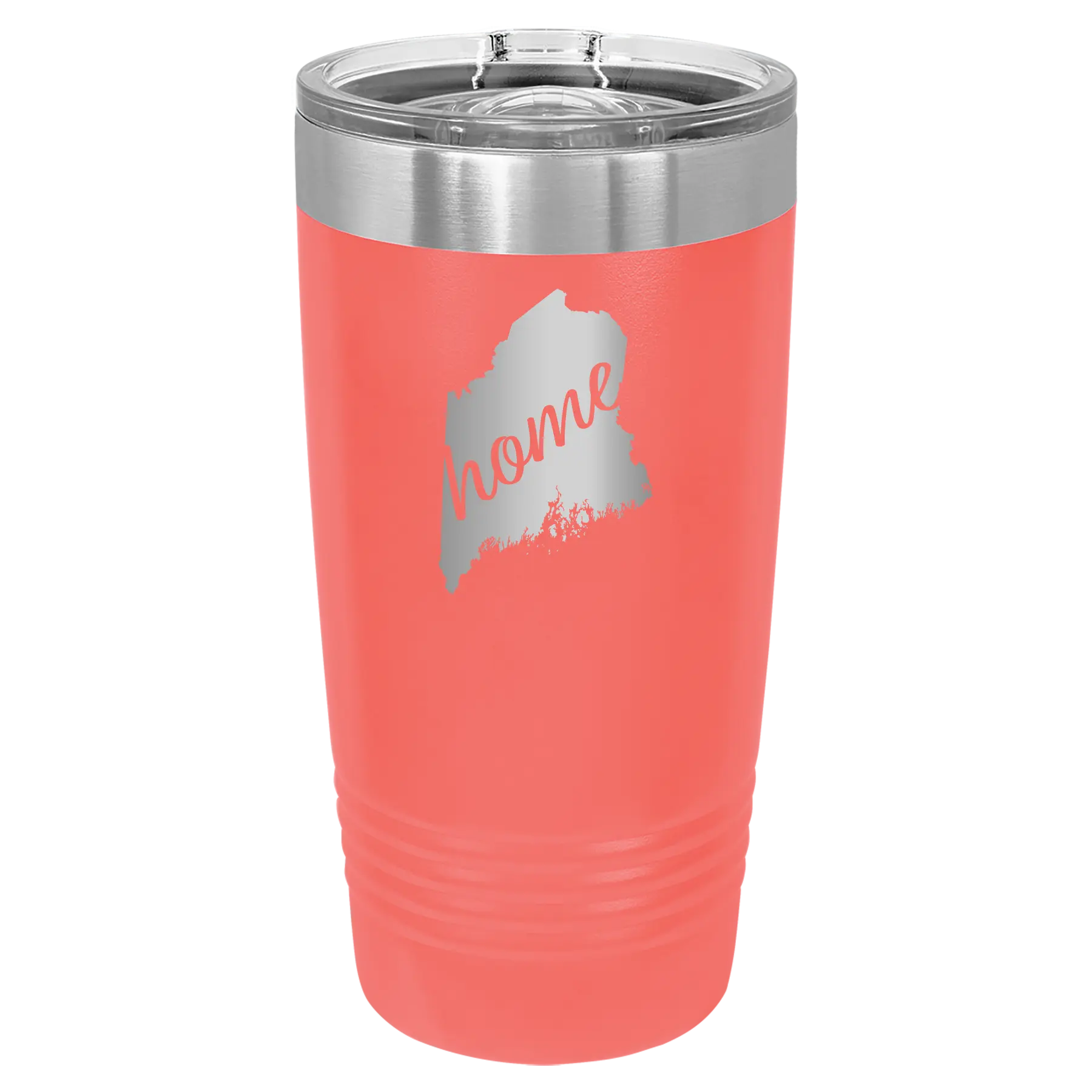 Laser etched coral 20 oz vacuum insulated tumbler with 'Maine Home' design