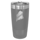 Laser etched dark gray 20 oz vacuum insulated tumbler with 'Maine Home' design