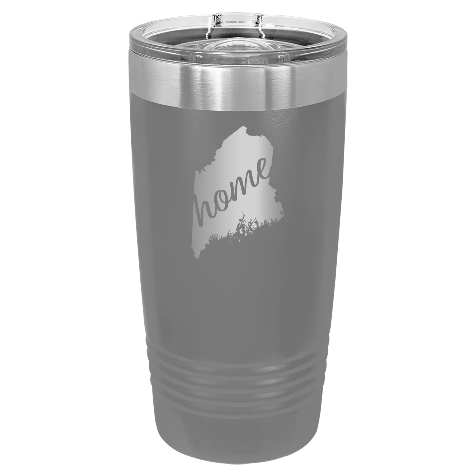 Laser etched dark gray 20 oz vacuum insulated tumbler with 'Maine Home' design