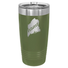 Laser etched olive green 20 oz vacuum insulated tumbler with 'Maine Home' design