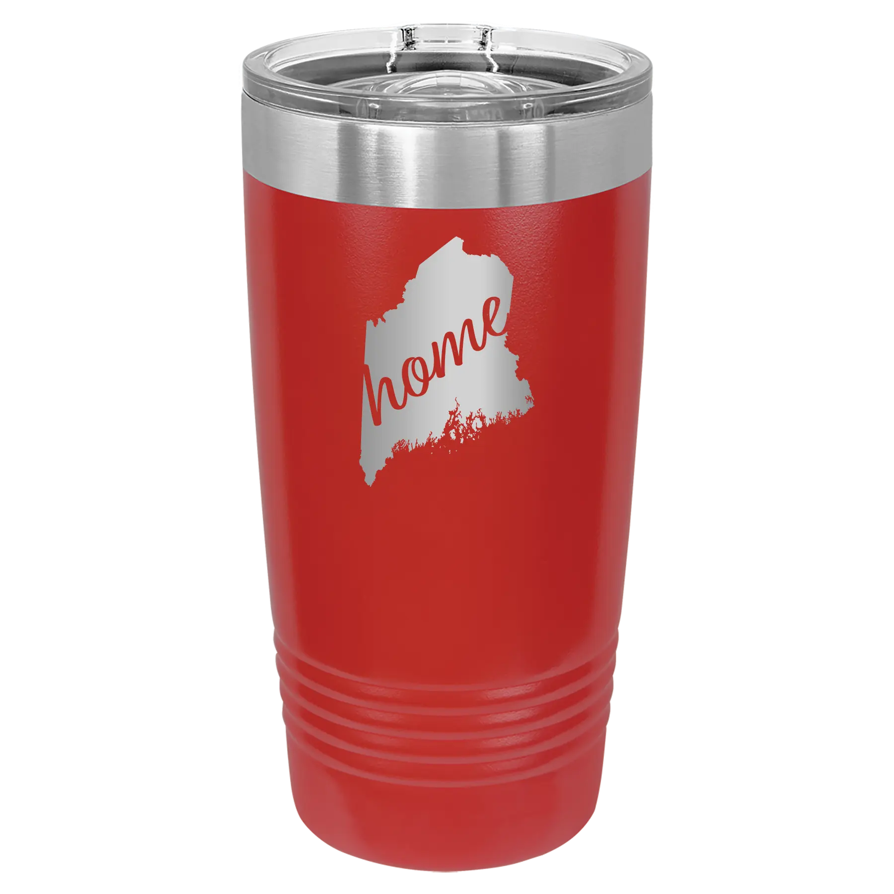 Laser etched red 20 oz vacuum insulated tumbler with 'Maine Home' design