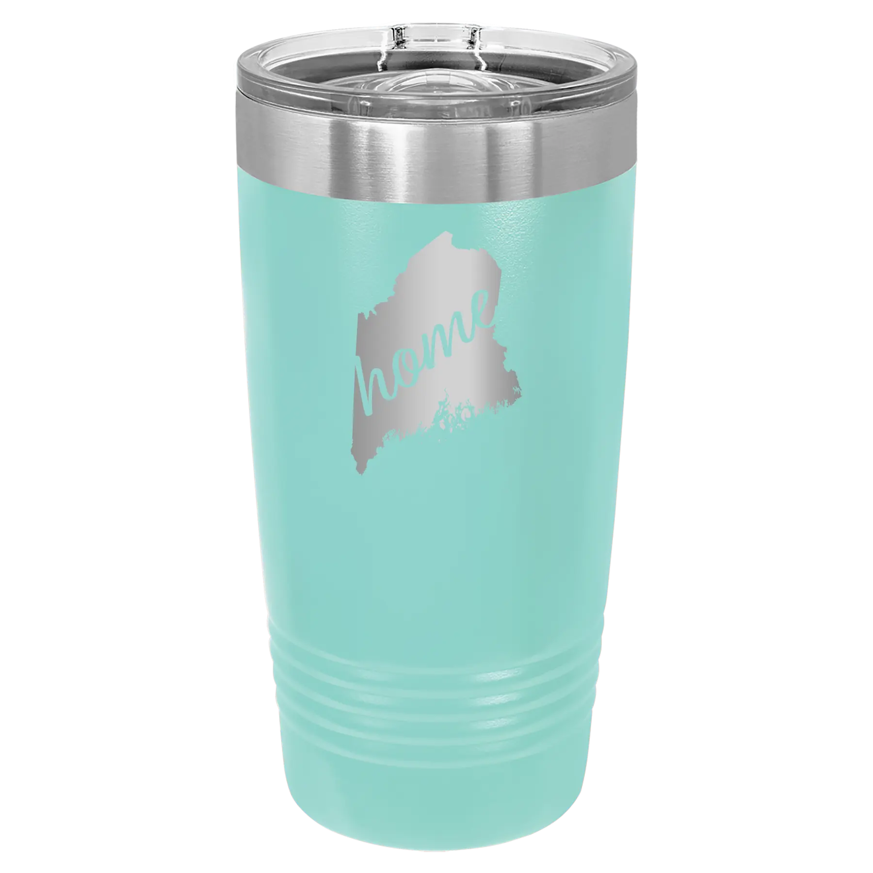 Laser etched teal 20 oz vacuum insulated tumbler with 'Maine Home' design