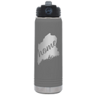 Laser etched dark gray 20 oz vacuum insulated water bottle with 'Maine Home' design