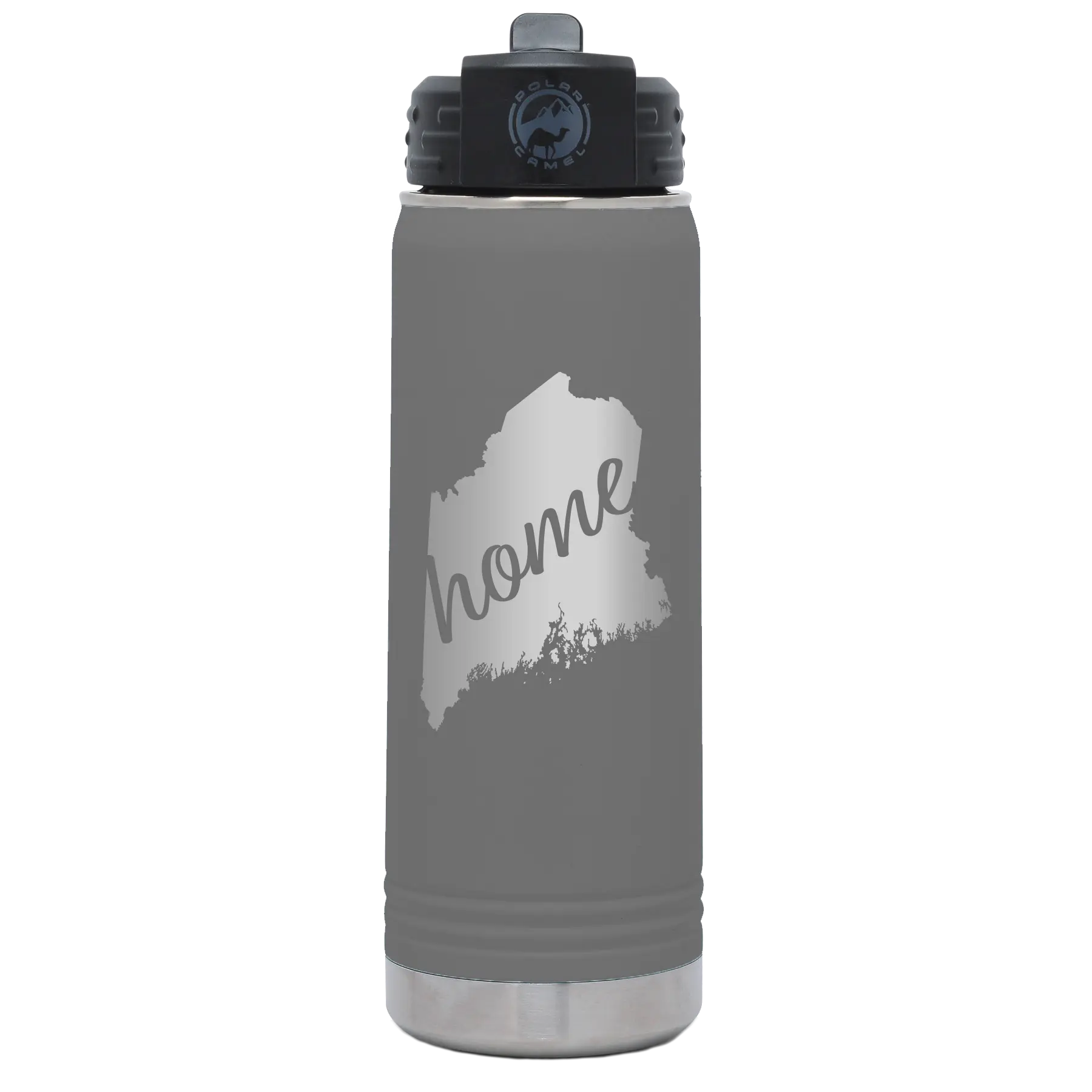 Laser etched dark gray 20 oz vacuum insulated water bottle with 'Maine Home' design