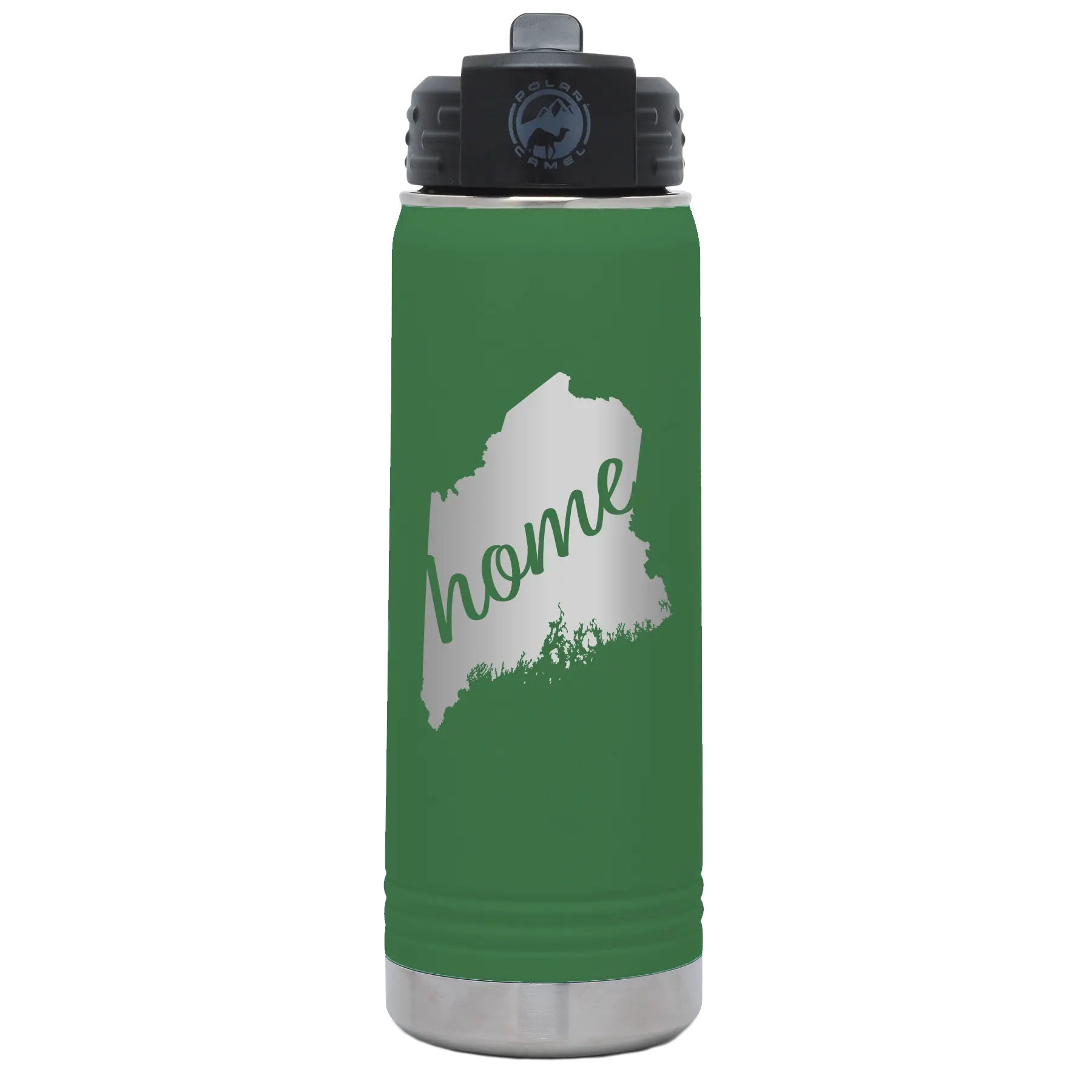 Laser etched green 20 oz vacuum insulated water bottle with 'Maine Home' design
