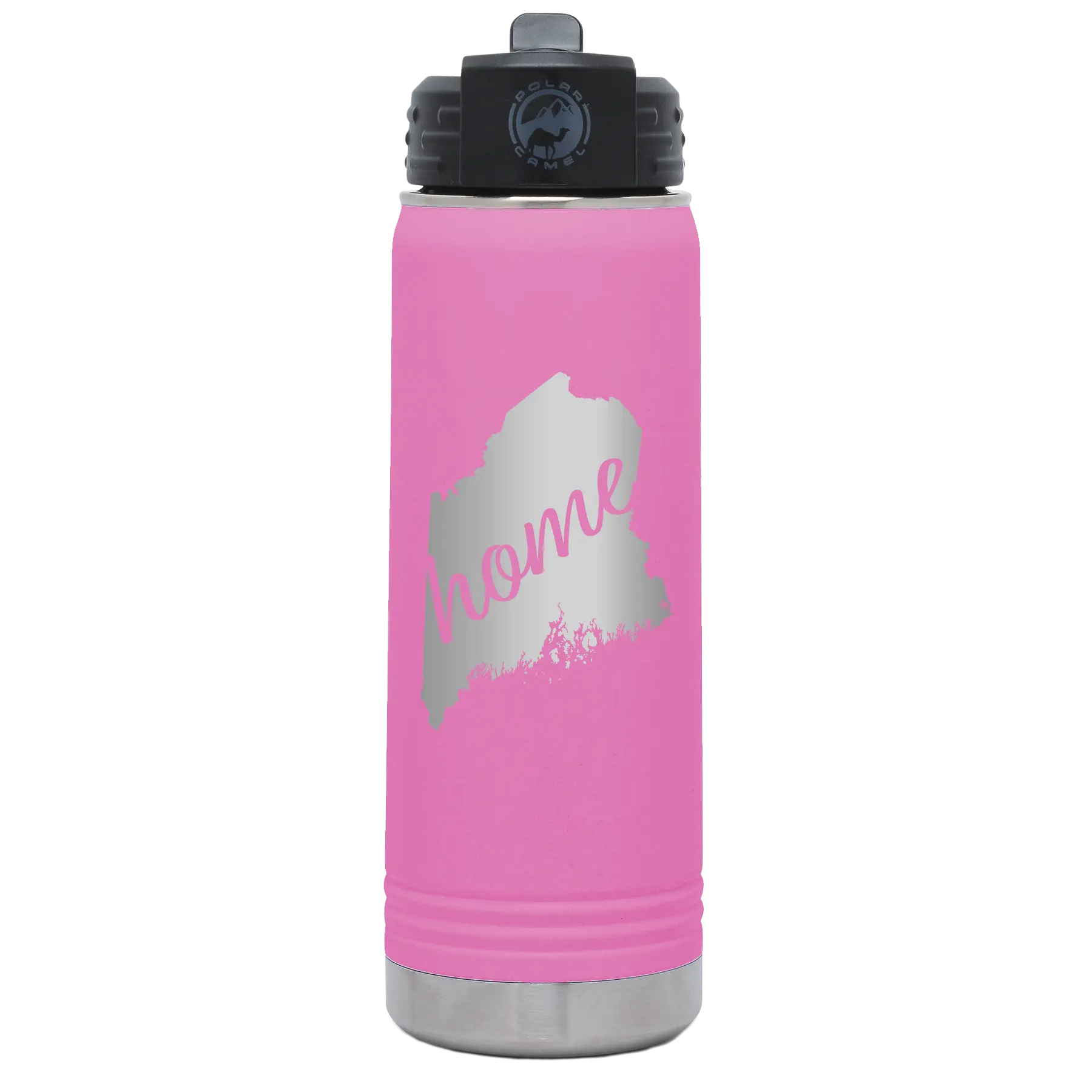 Laser etched light purple 20 oz vacuum insulated water bottle with 'Maine Home' design