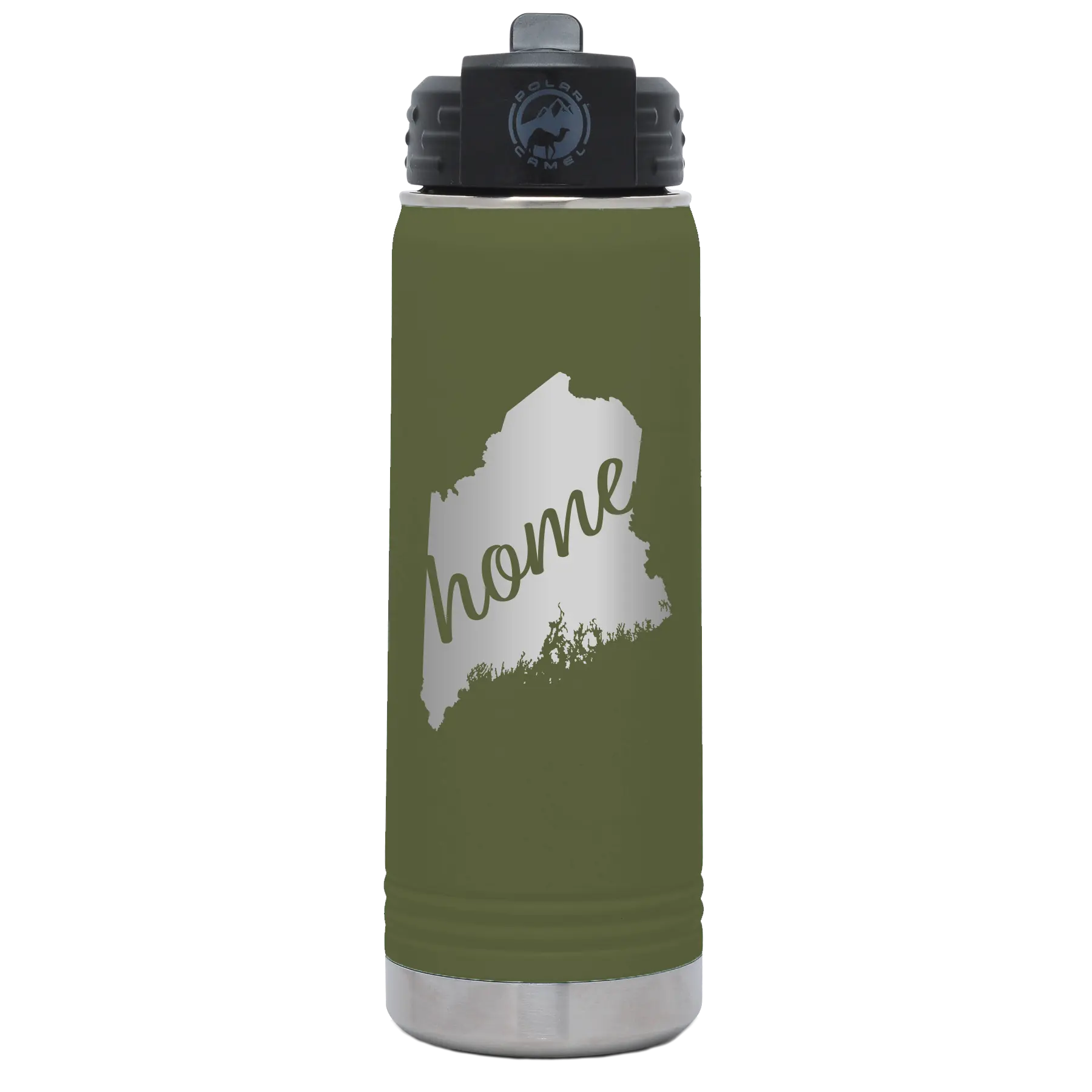 Laser etched olive green 20 oz vacuum insulated water bottle with 'Maine Home' design