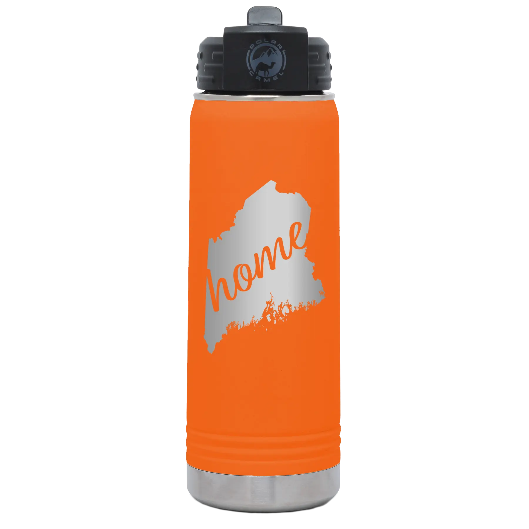 Laser etched orange 20 oz vacuum insulated water bottle with 'Maine Home' design