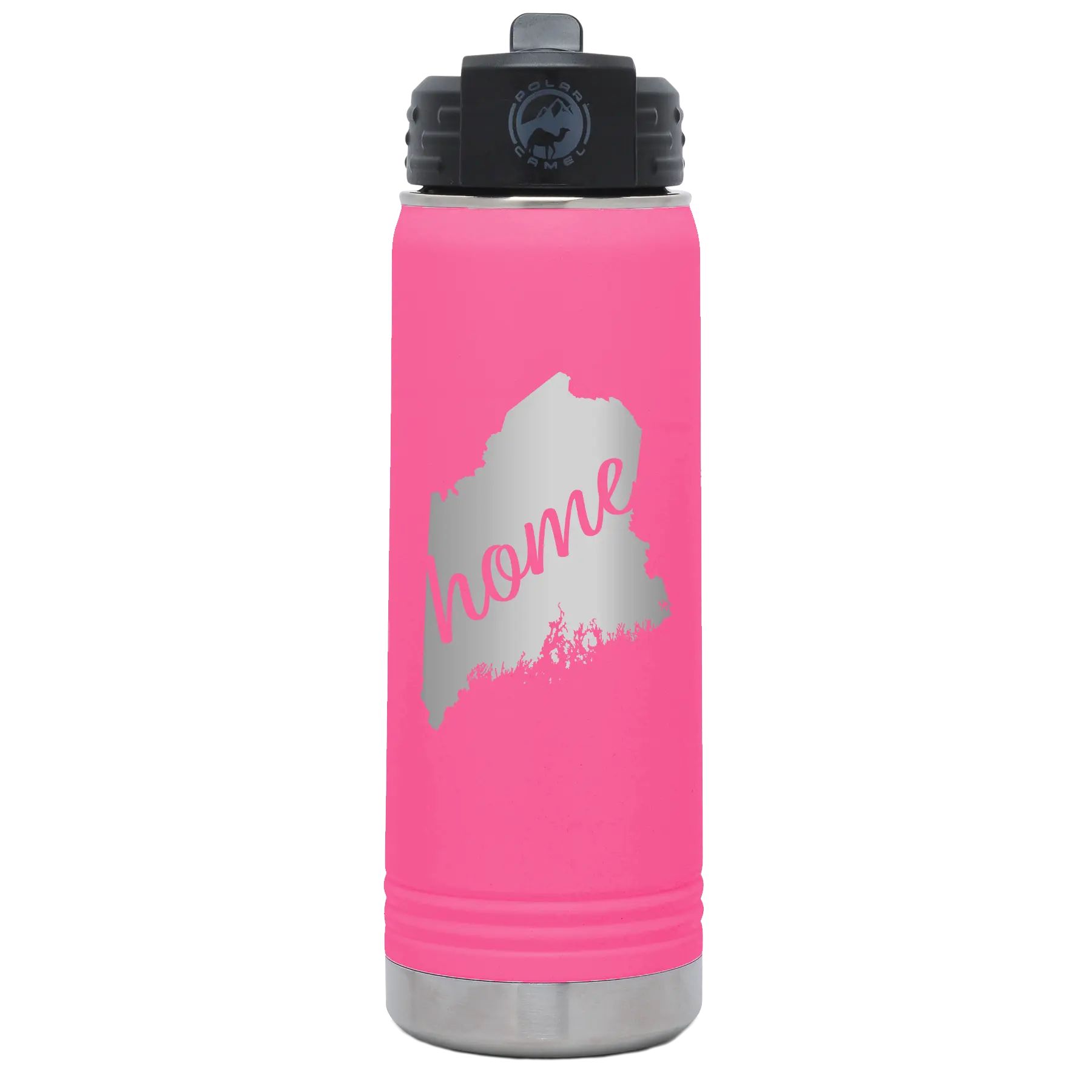 Laser etched pink 20 oz vacuum insulated water bottle with 'Maine Home' design