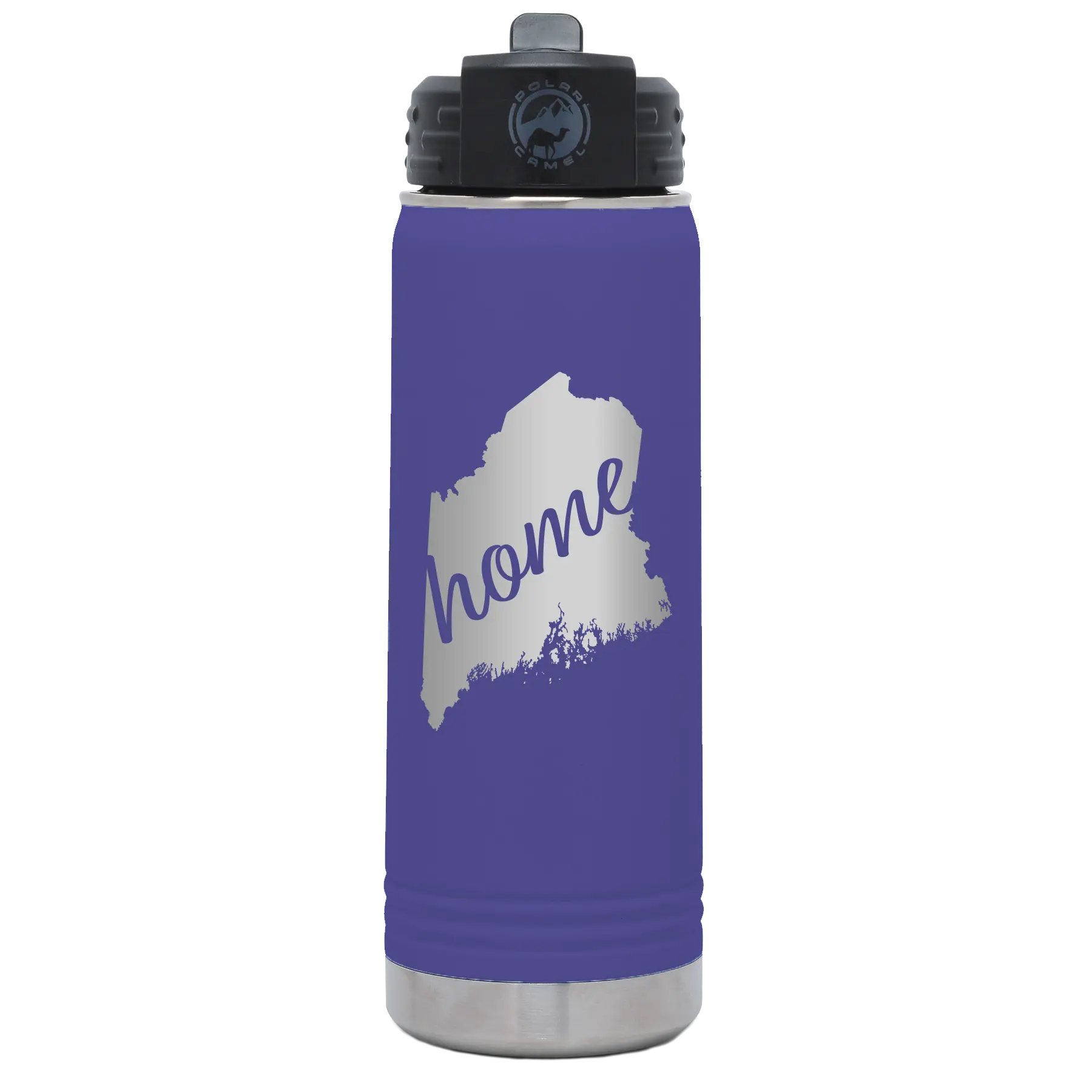 Laser etched purple 20 oz vacuum insulated water bottle with 'Maine Home' design