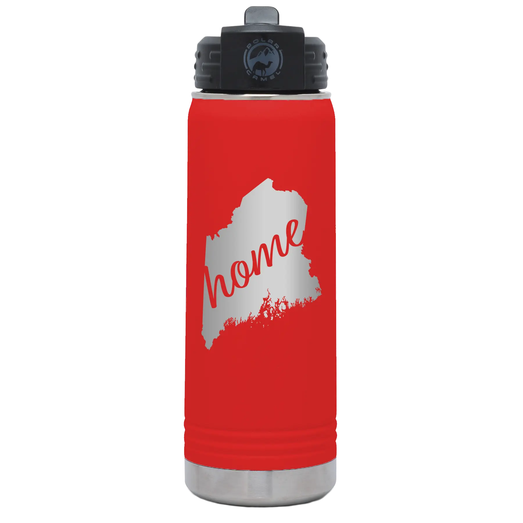 Laser etched red 20 oz vacuum insulated water bottle with 'Maine Home' design