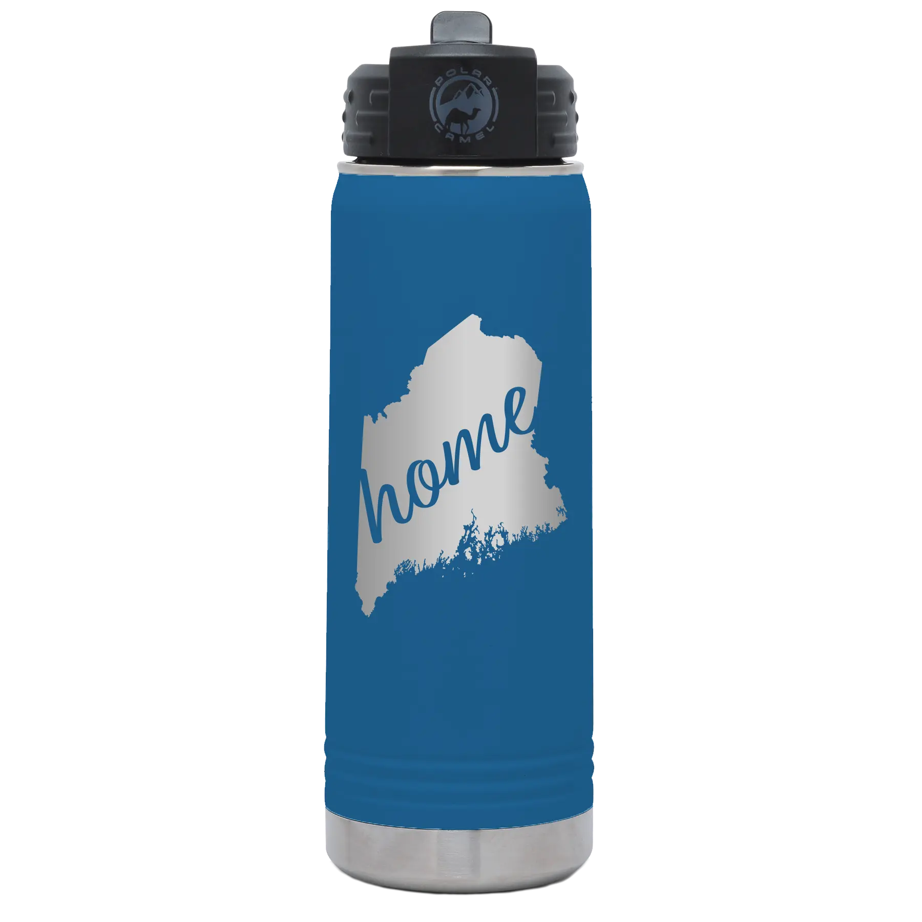 Laser etched royal blue 20 oz vacuum insulated water bottle with 'Maine Home' design