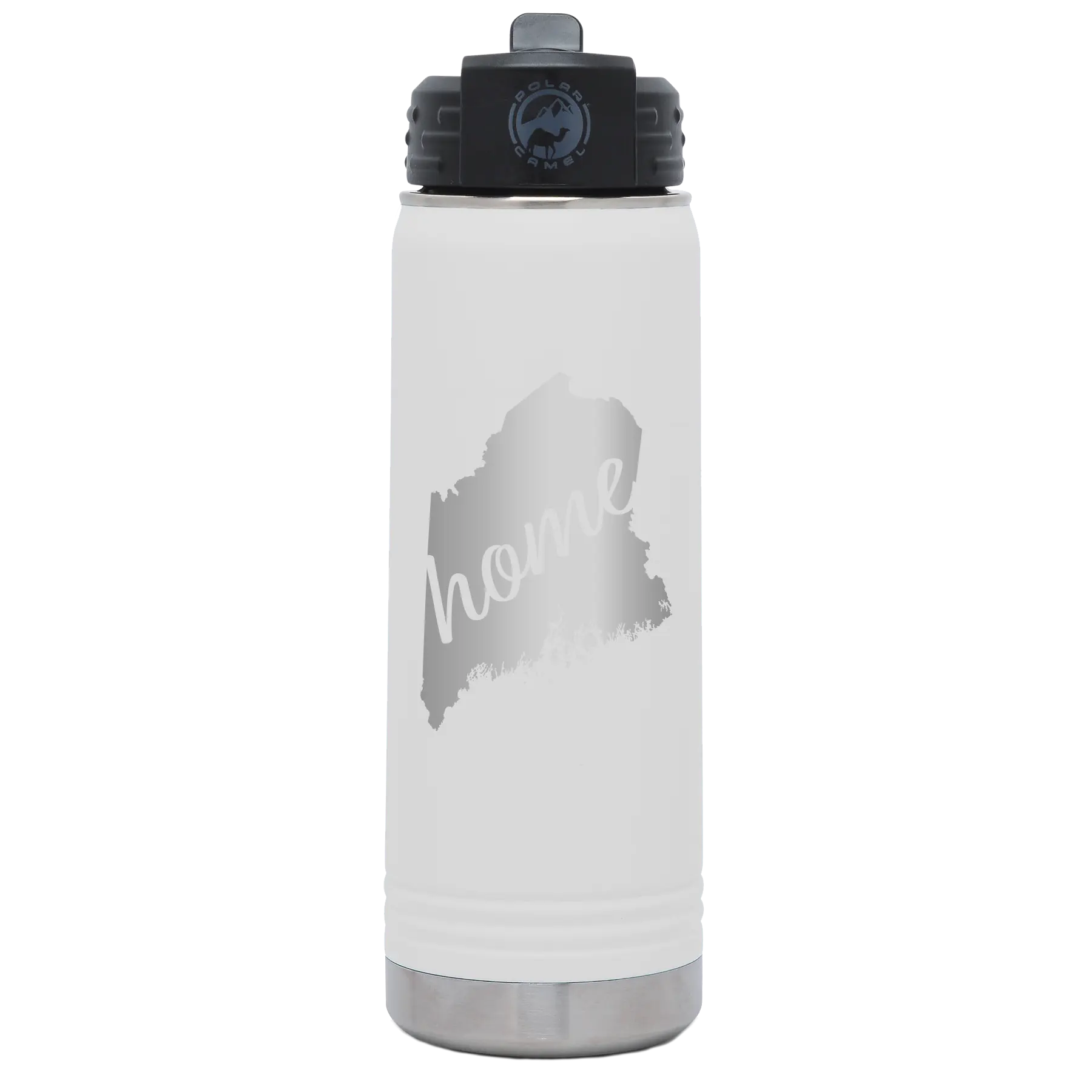 Laser etched white 20 oz vacuum insulated water bottle with 'Maine Home' design