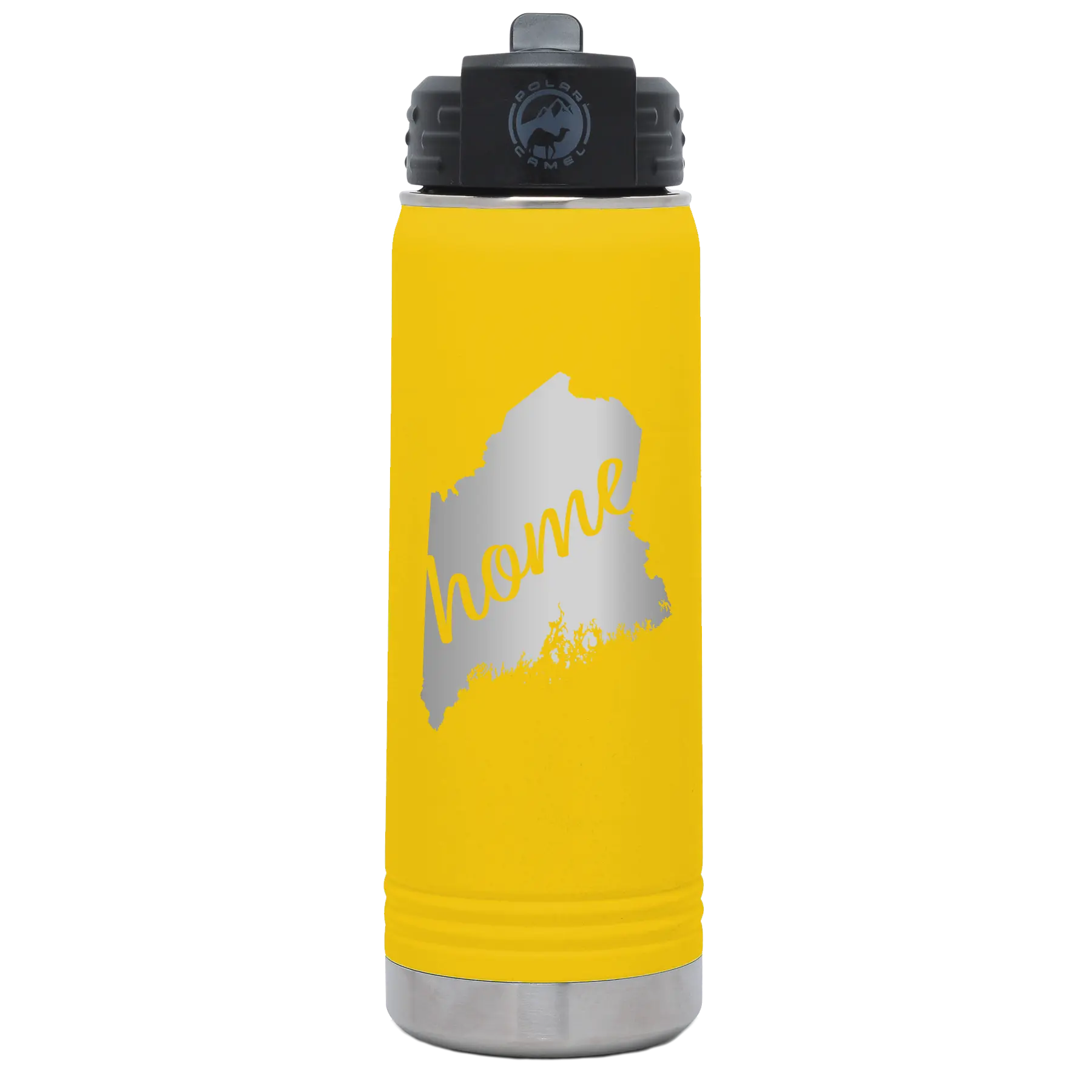 Laser etched yellow 20 oz vacuum insulated water bottle with 'Maine Home' design