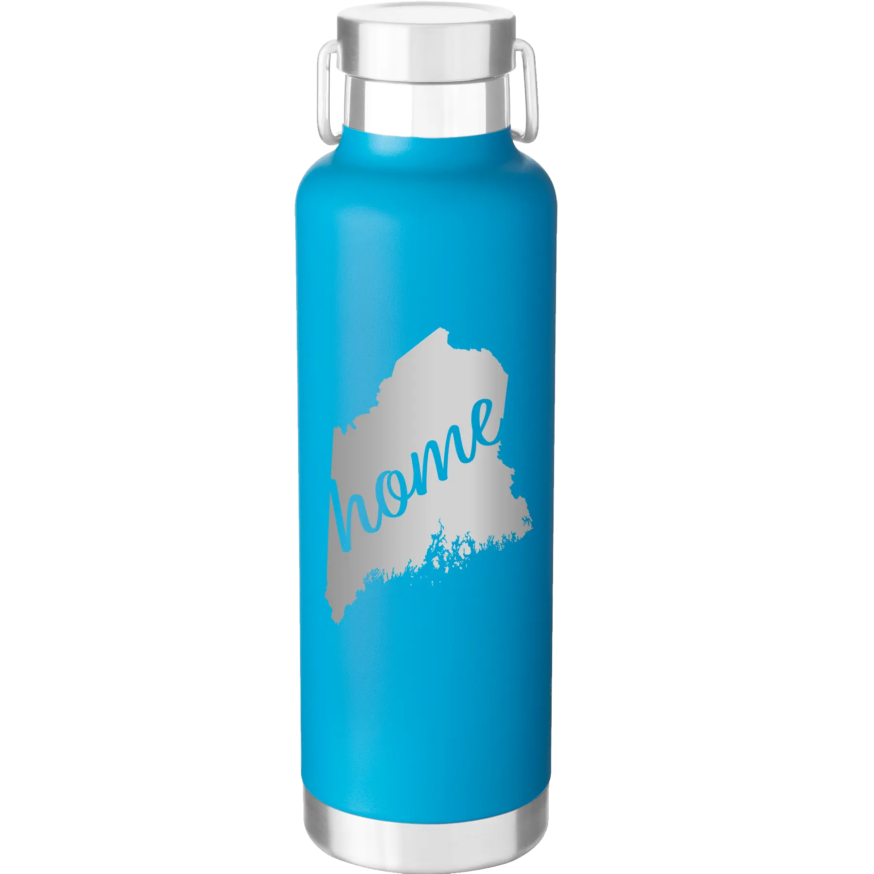 Laser etched aqua 24 oz vacuum insulated water bottle with 'Maine Home' design