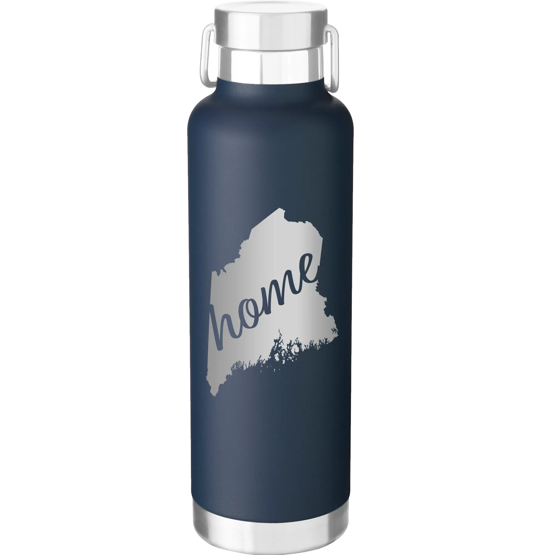Laser etched navy 24 oz vacuum insulated water bottle with 'Maine Home' design