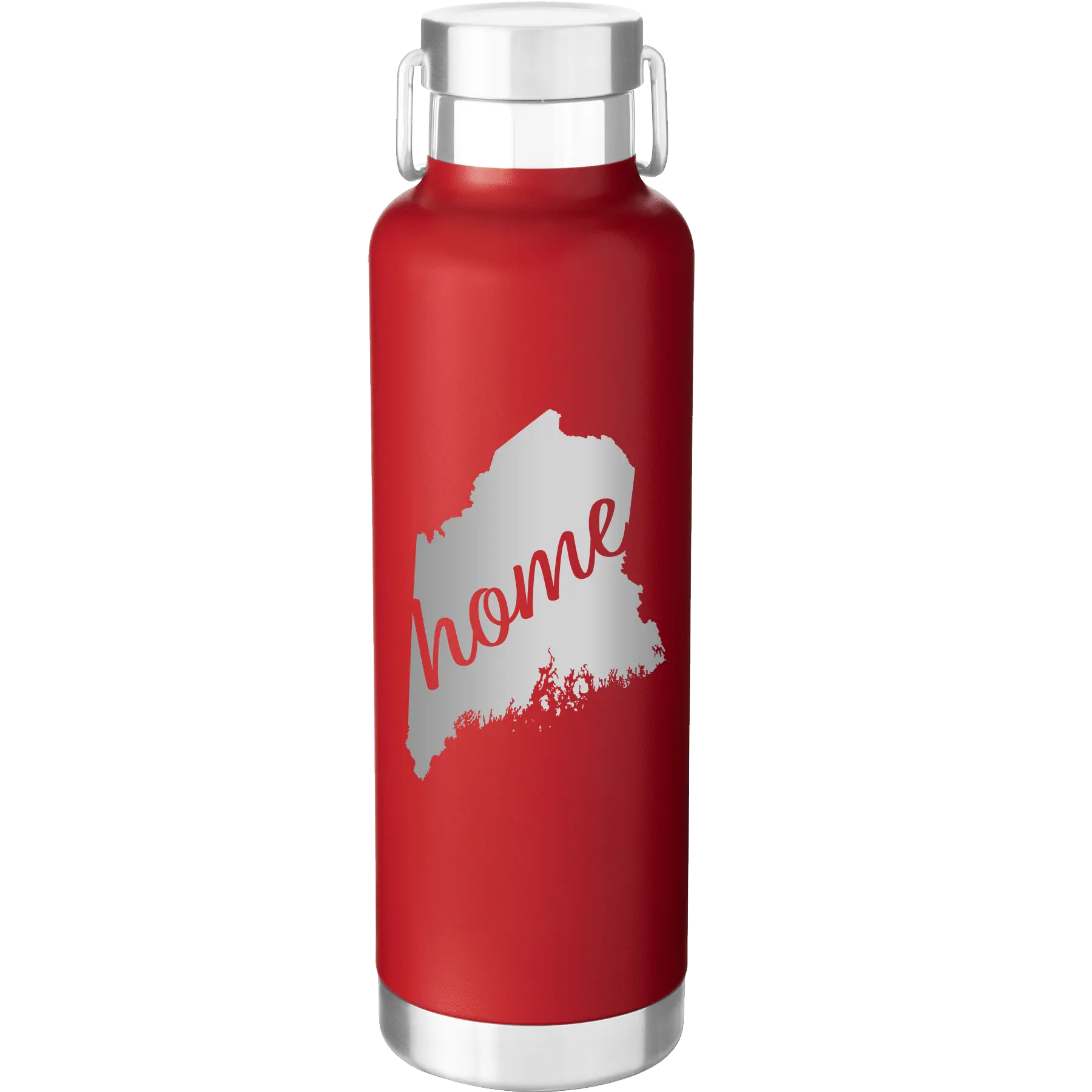 Laser etched red 24 oz vacuum insulated water bottle with 'Maine Home' design
