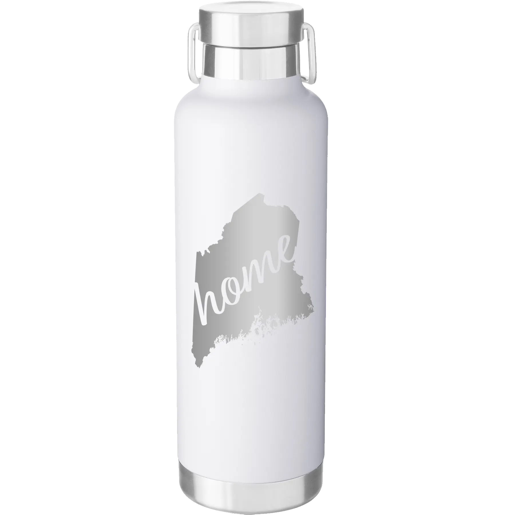 Laser etched white 24 oz vacuum insulated water bottle with 'Maine Home' design