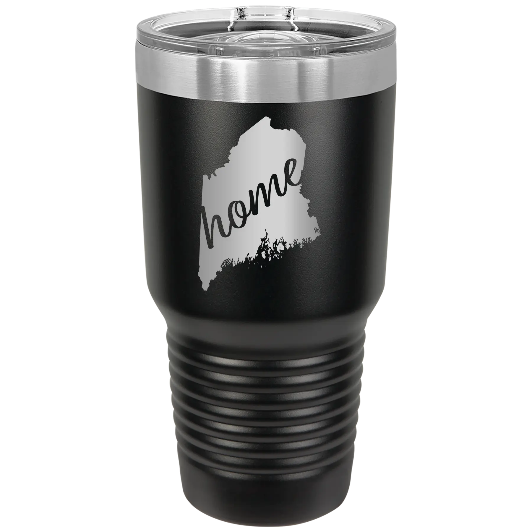 Laser etched black 30 oz vacuum insulated tumbler with 'Maine Home' design
