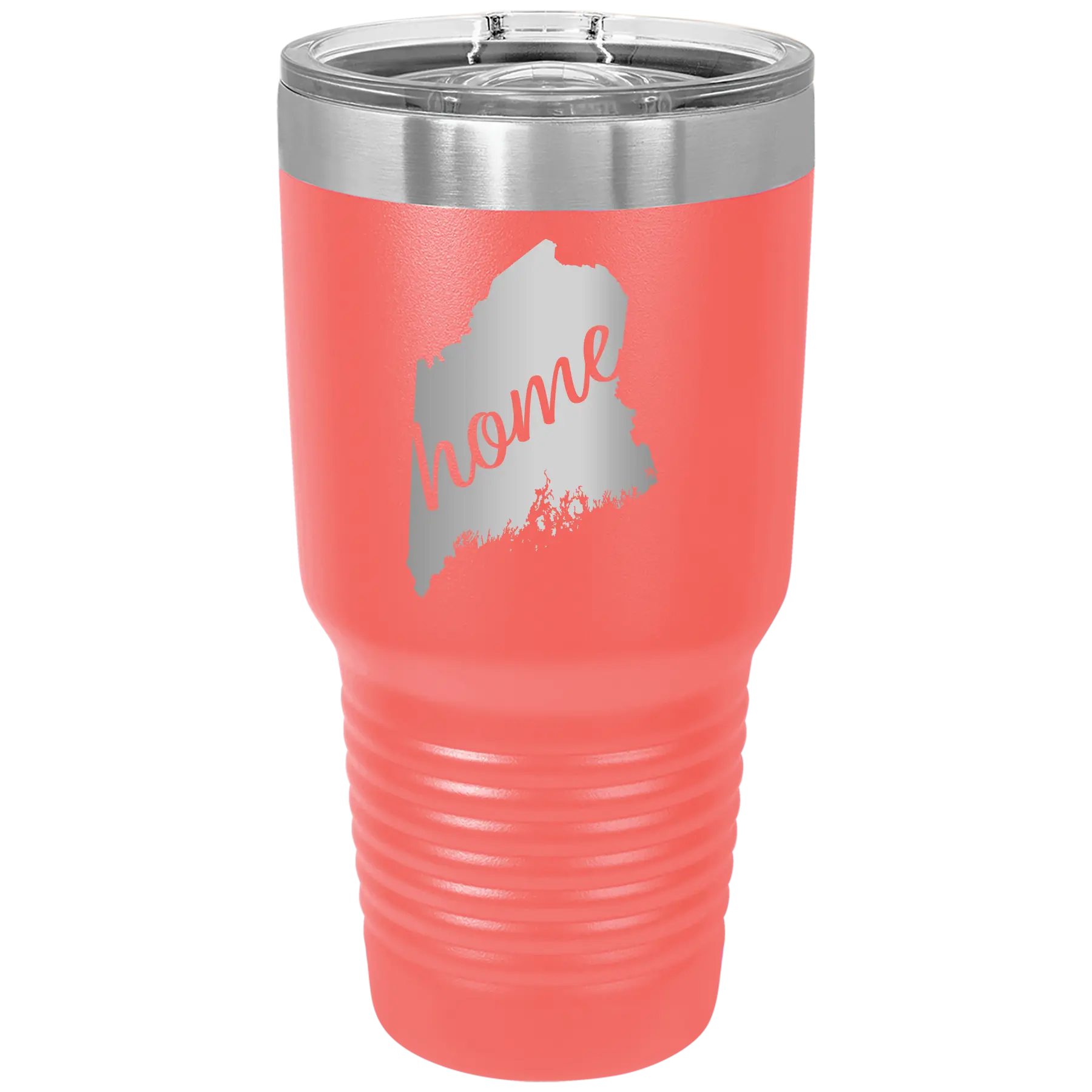 Laser etched coral 30 oz vacuum insulated tumbler with 'Maine Home' design