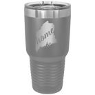 Laser etched dark gray 30 oz vacuum insulated tumbler with 'Maine Home' design