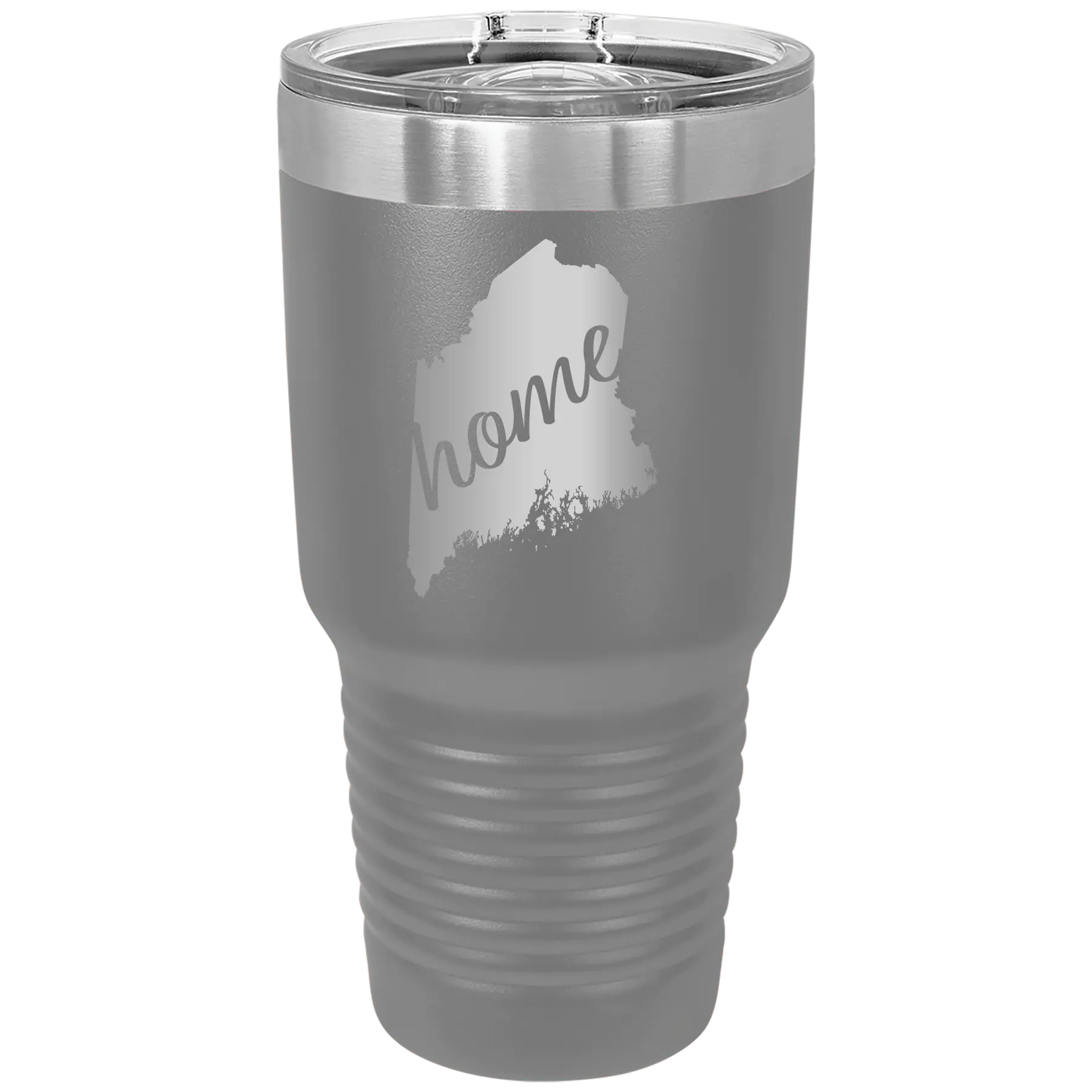 Laser etched dark gray 30 oz vacuum insulated tumbler with 'Maine Home' design