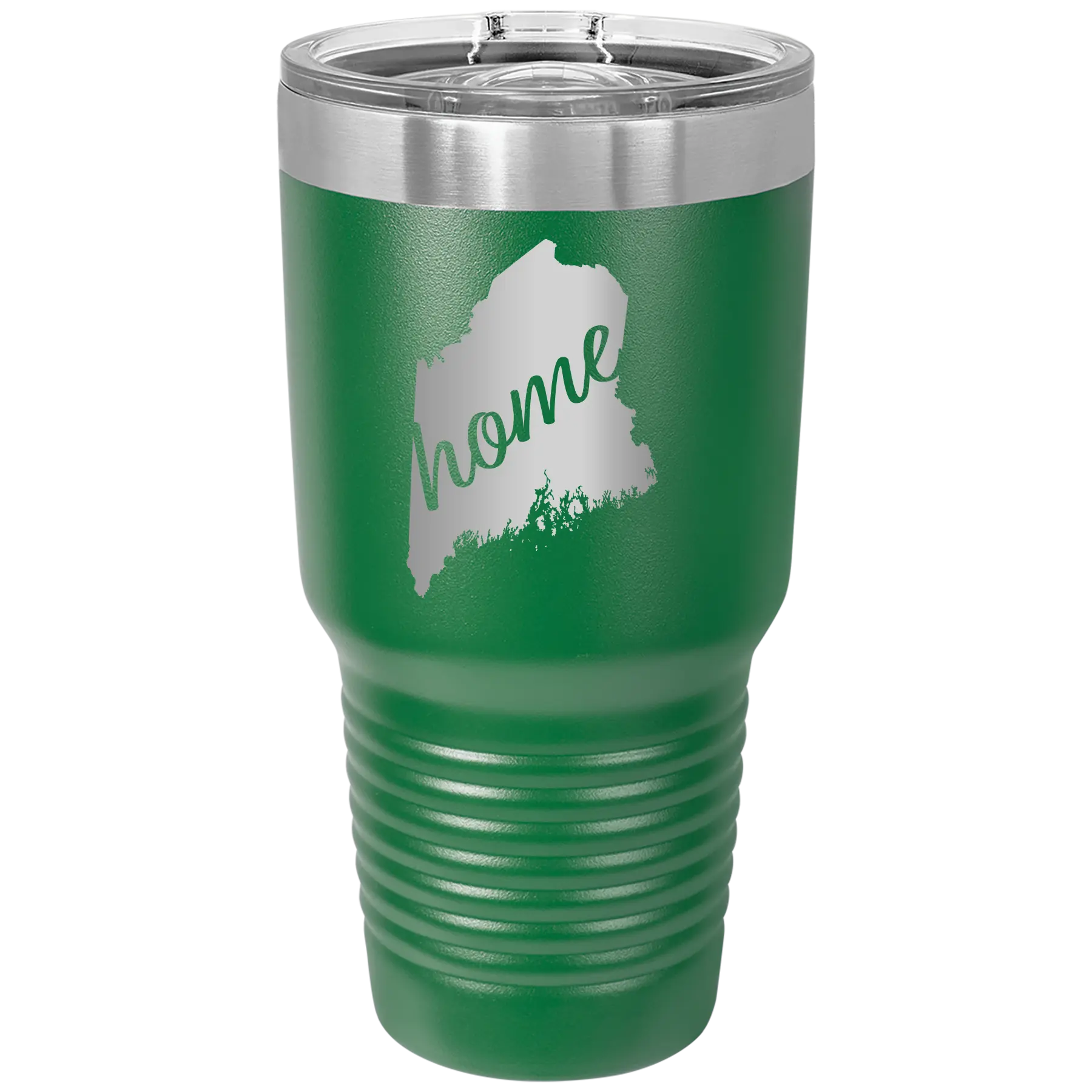 Laser etched green 30 oz vacuum insulated tumbler with 'Maine Home' design