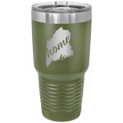 Laser etched olive green 30 oz vacuum insulated tumbler with 'Maine Home' design