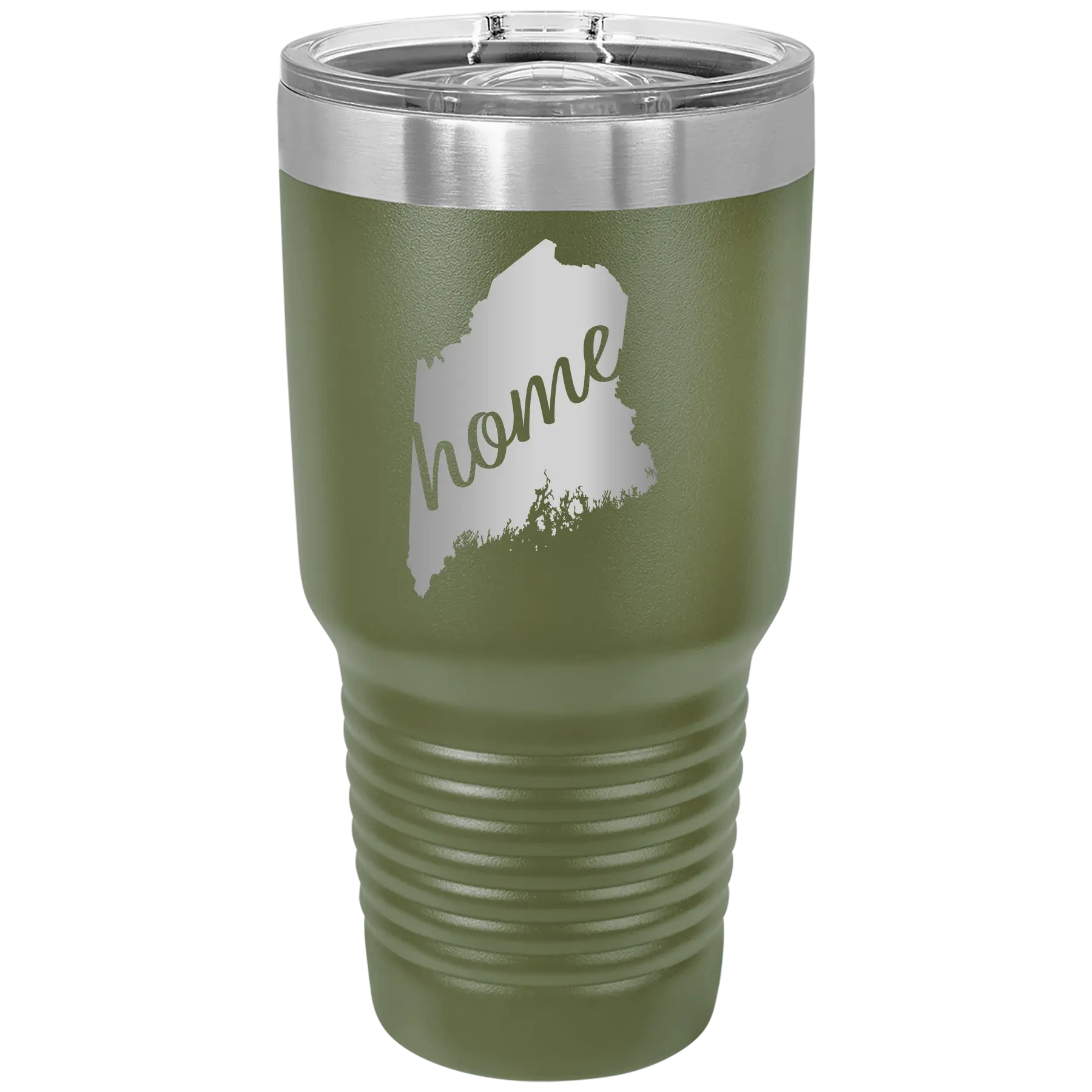 Laser etched olive green 30 oz vacuum insulated tumbler with 'Maine Home' design