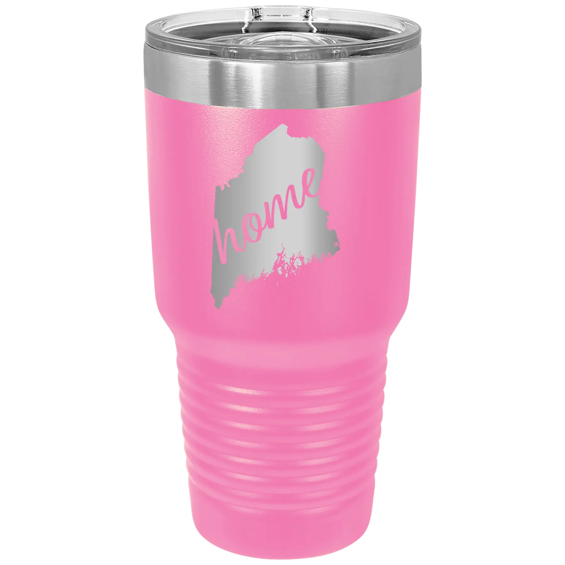 Laser etched pink 30 oz vacuum insulated tumbler with 'Maine Home' design