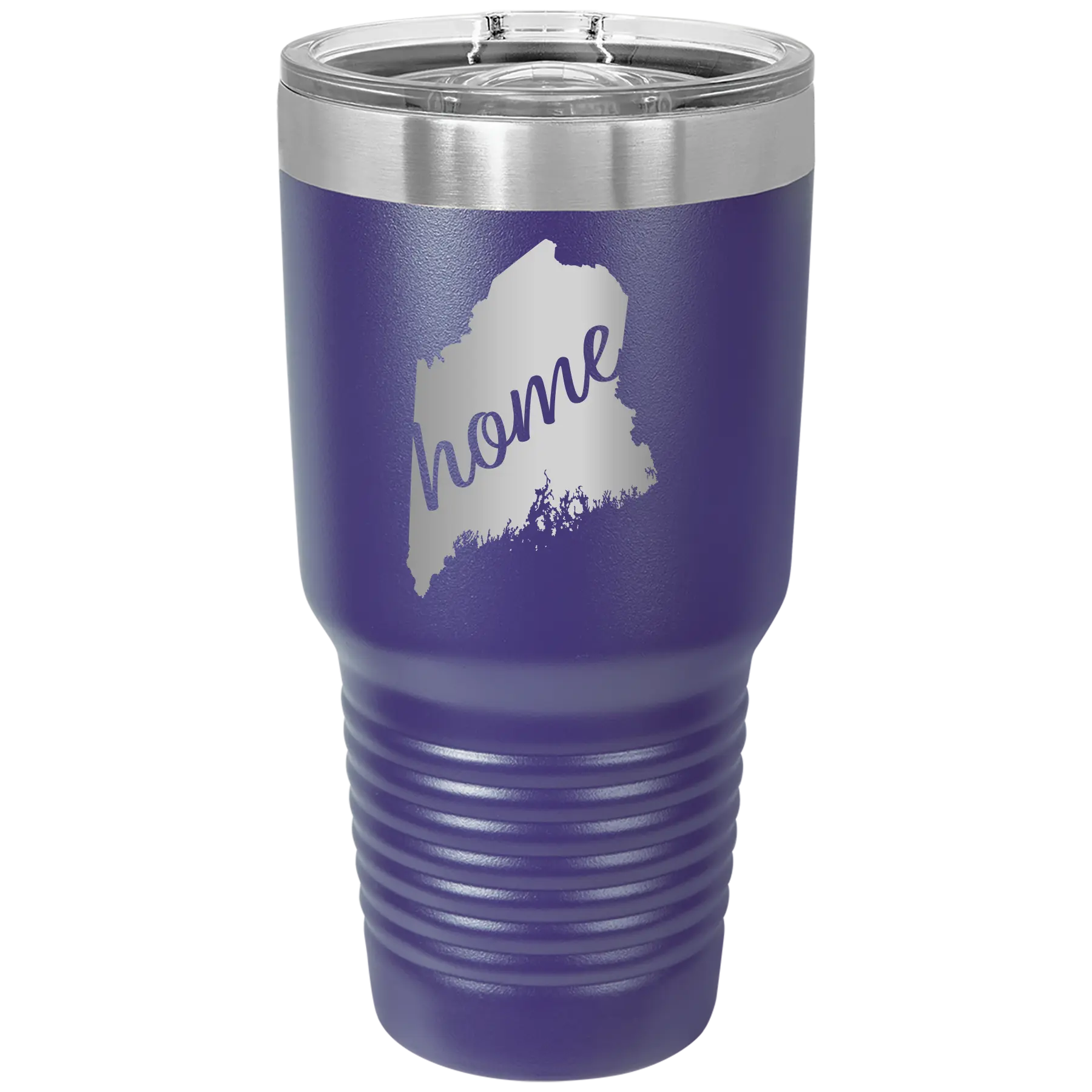 Laser etched purple 30 oz vacuum insulated tumbler with 'Maine Home' design
