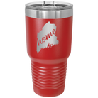 Laser etched red 30 oz vacuum insulated tumbler with 'Maine Home' design